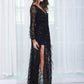Black Split Thigh Plunge Neck High Waist Sequin Mesh Dress