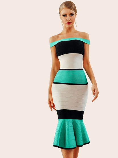 Off Shoulder Color-block Fishtail Hem Bardot Dress