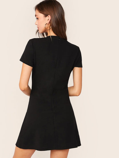 Black Round Neck Zipper Back Short Sleeve Flare Dress