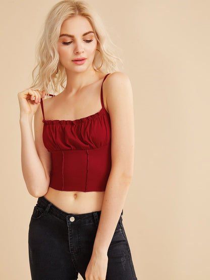 Slim Fit Spaghetti Strap Lettuce Frill Crop Skinny Cami Top