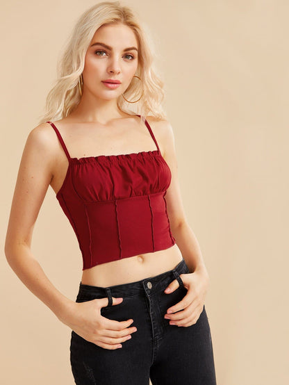 Slim Fit Spaghetti Strap Lettuce Frill Crop Skinny Cami Top