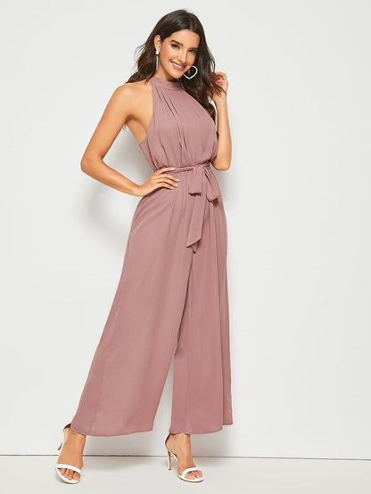 Pastel Pink Sleeveless Split Back Belted Halter Palazzo Jumpsuit