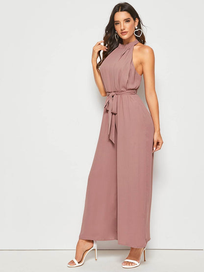 Pastel Pink Sleeveless Split Back Belted Halter Palazzo Jumpsuit