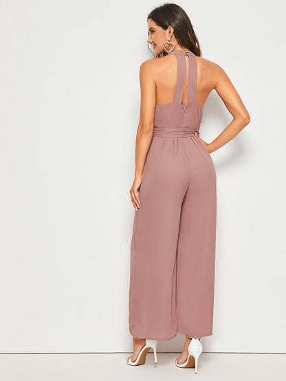 Pastel Pink Sleeveless Split Back Belted Halter Palazzo Jumpsuit