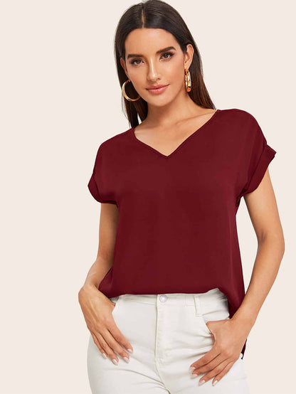 Round Neck Roll Up Sleeve High Low Hem Top