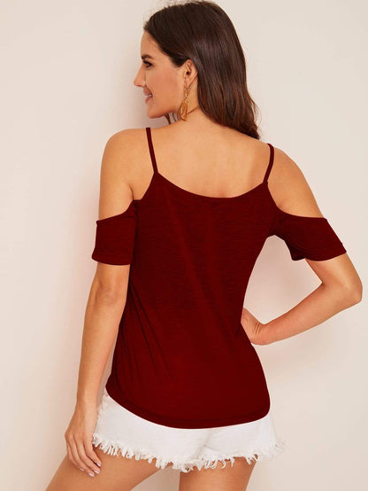 Spaghetti Strap Solid Cold Shoulder Top