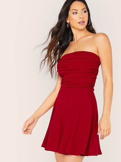 Burgundy Strapless Sleeveless Solid Fit & Flare Tube Dress