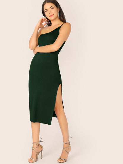 Sleeveless One Shoulder Split Thigh Form Fitted Dress - Dark Green