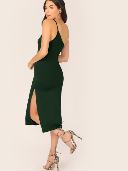 Sleeveless One Shoulder Split Thigh Form Fitted Dress - Dark Green