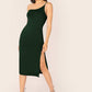 Sleeveless One Shoulder Split Thigh Form Fitted Dress - Dark Green