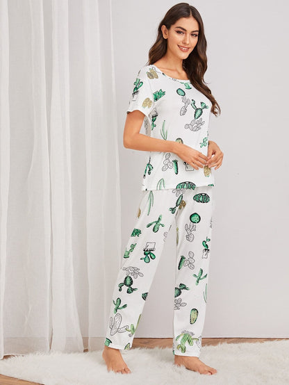 Round Neck Cactus Print Pyjama Set With Eye Mask