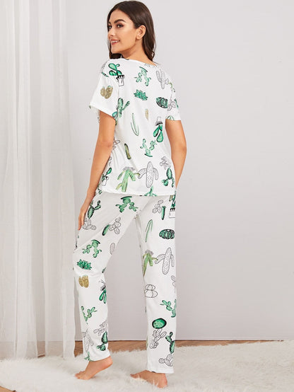 Round Neck Cactus Print Pyjama Set With Eye Mask