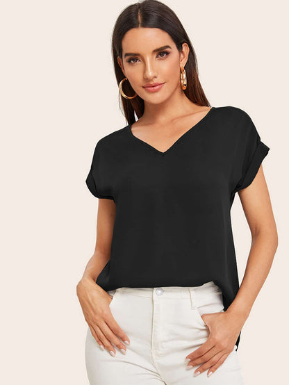 Round Neck Roll Up Sleeve High Low Hem Top