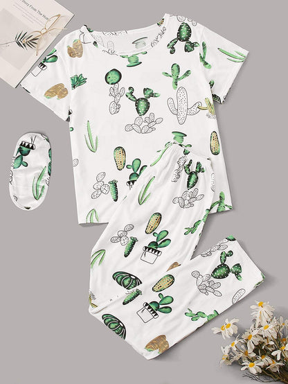 Round Neck Cactus Print Pyjama Set With Eye Mask