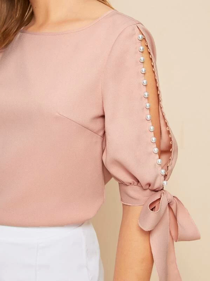 Round Neck Neon Lime Pearl Beaded Split Sleeve Knot Cuff Top - Pink