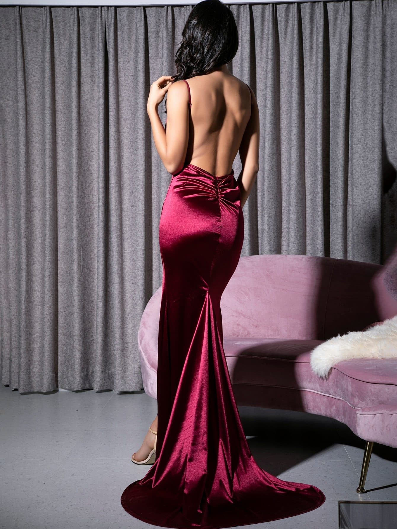 Burgundy Sleeveless Split Thigh Backless Floor Length Satin Slip Dress