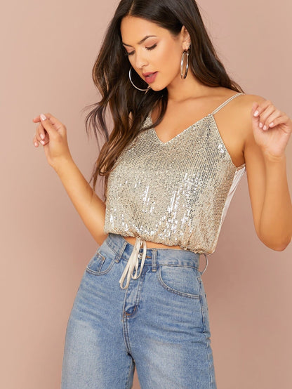 Spaghetti Strap Drawstring Hem Sequin Cami Top