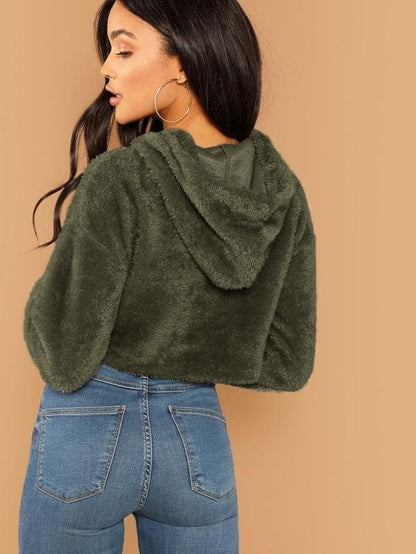 Oversized Drop Shoulder Crop Teddy Hoodie Pullover - Army Green