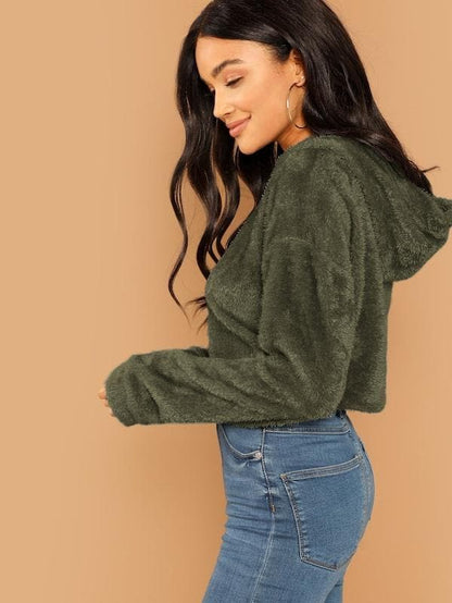 Oversized Drop Shoulder Crop Teddy Hoodie Pullover - Army Green