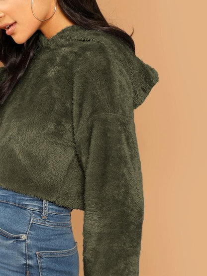 Oversized Drop Shoulder Crop Teddy Hoodie Pullover - Army Green