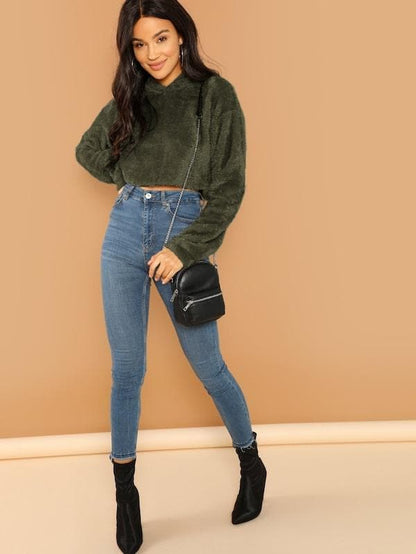 Oversized Drop Shoulder Crop Teddy Hoodie Pullover - Army Green