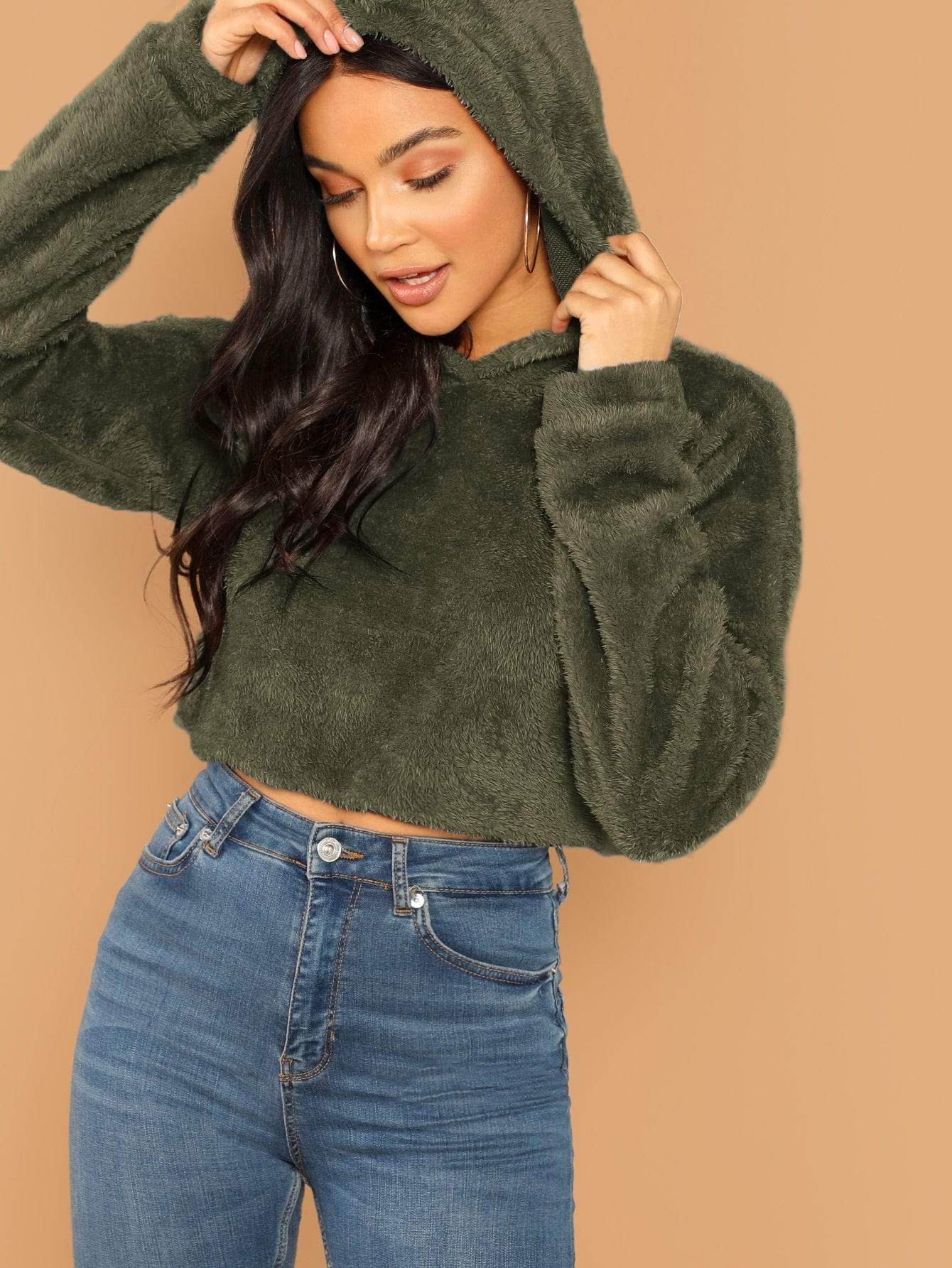 Drop shoulder crop store teddy hoodie