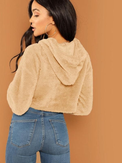 Oversized Drop Shoulder Crop Teddy Hoodie Pullover - Khakhi