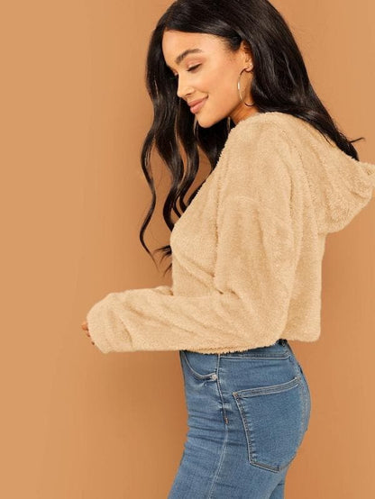 Oversized Drop Shoulder Crop Teddy Hoodie Pullover - Khakhi