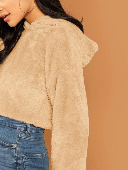 Oversized Drop Shoulder Crop Teddy Hoodie Pullover - Khakhi
