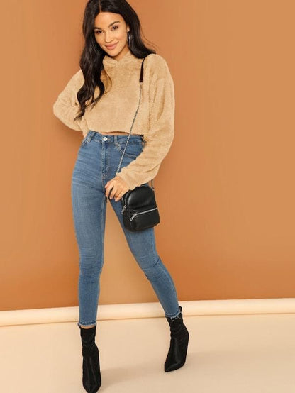 Oversized Drop Shoulder Crop Teddy Hoodie Pullover - Khakhi