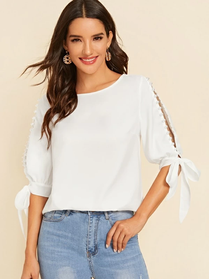 Round Neck Neon Lime Pearl Beaded Split Sleeve Knot Cuff Top - White