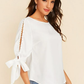 Round Neck Neon Lime Pearl Beaded Split Sleeve Knot Cuff Top - White
