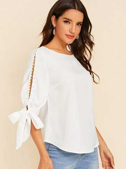 Round Neck Neon Lime Pearl Beaded Split Sleeve Knot Cuff Top - White