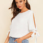 Round Neck Neon Lime Pearl Beaded Split Sleeve Knot Cuff Top - White