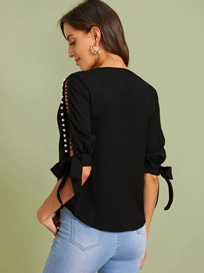 Round Neck Neon Lime Pearl Beaded Split Sleeve Knot Cuff Top - Black