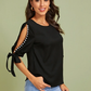 Round Neck Neon Lime Pearl Beaded Split Sleeve Knot Cuff Top - Black