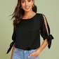 Round Neck Neon Lime Pearl Beaded Split Sleeve Knot Cuff Top - Black
