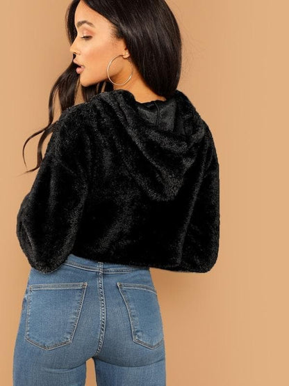 Oversized Drop Shoulder Crop Teddy Hoodie Pullover - Black