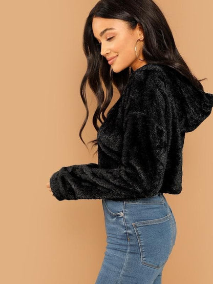 Oversized Drop Shoulder Crop Teddy Hoodie Pullover - Black