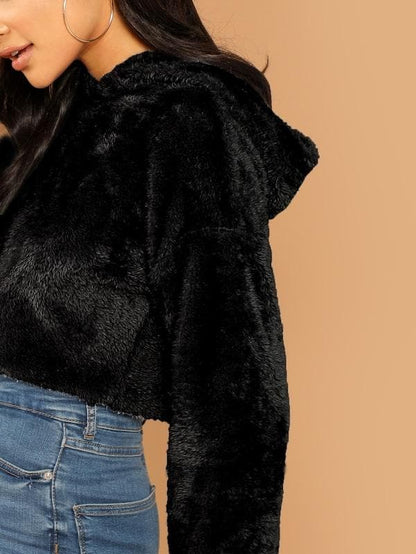 Oversized Drop Shoulder Crop Teddy Hoodie Pullover - Black