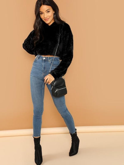 Oversized Drop Shoulder Crop Teddy Hoodie Pullover - Black