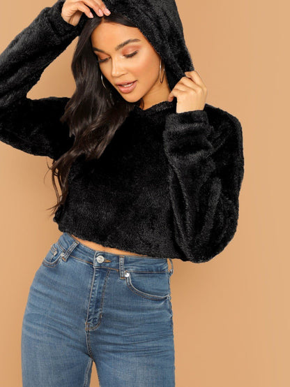 Oversized Drop Shoulder Crop Teddy Hoodie Pullover - Black