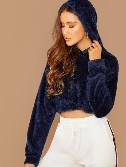 Oversized Drop Shoulder Crop Teddy Hoodie Pullover - Navy Blue