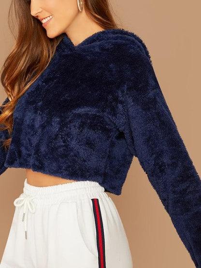 Oversized Drop Shoulder Crop Teddy Hoodie Pullover - Navy Blue