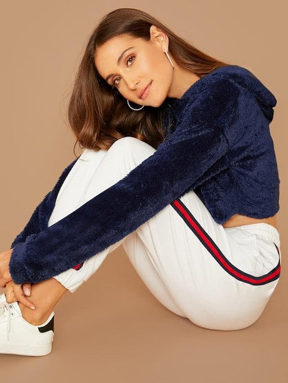 Oversized Drop Shoulder Crop Teddy Hoodie Pullover - Navy Blue