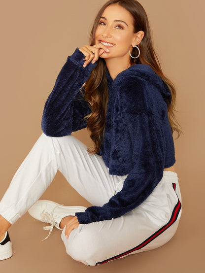 Oversized Drop Shoulder Crop Teddy Hoodie Pullover - Navy Blue