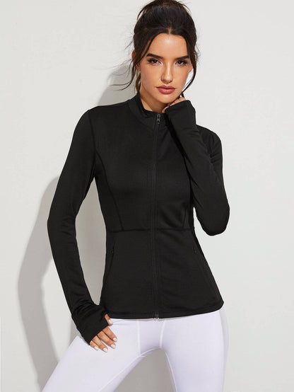 Black Stand Collar Zip Up Pocket Side Sports Jacket With Thumb Holes