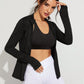 Black Stand Collar Zip Up Pocket Side Sports Jacket With Thumb Holes