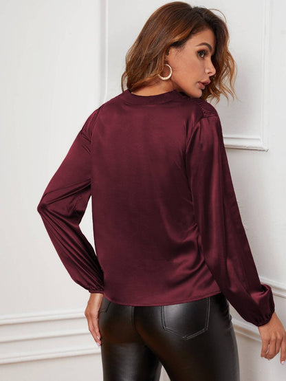 Burgundy V-neck Lantern Sleeve Satin Blouse Top