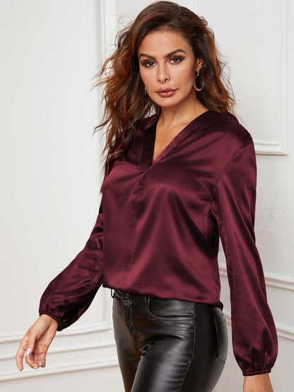 Burgundy V-neck Lantern Sleeve Satin Blouse Top